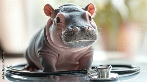 A realistic model of a baby hippopotamus sitting next to a stethoscope, likely representing a creative or humorous take on medical or veterinary care.