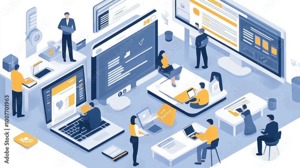 A team of diverse people working together on computers in an office setting. A team of diverse people working together on computers in an office setting.