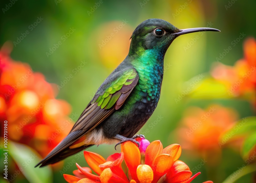 Fototapeta premium Stunning Black Bellied Hummingbird Perched on a Vibrant Flower in a Tropical Garden Setting