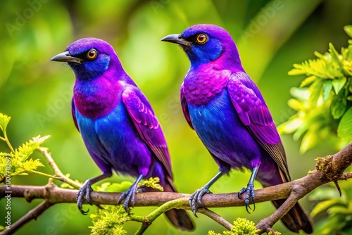 Stunning Close-Up of Beautiful Purple Birds Perched on Branches in a Lush Green Environment