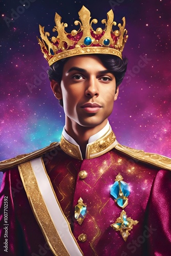 Brown Prince Wearing Burgundy and Gold with Golden Crown, Vibrant Abstract Background, Art Illustration photo