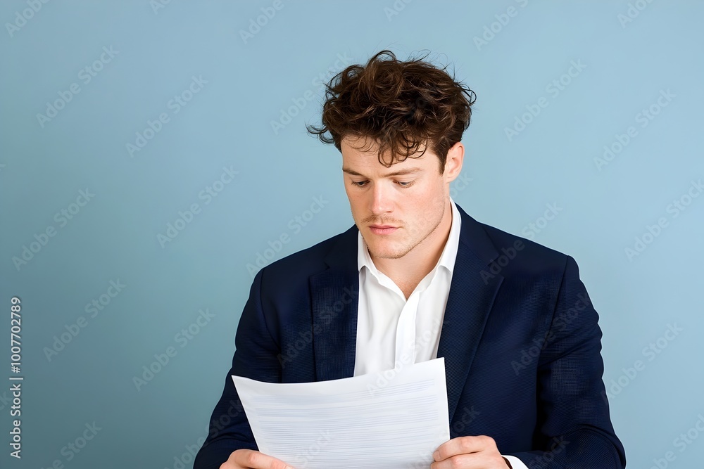 Focused Businessman in Suit Reviewing Important Documents in Office Focused Businessman in Suit Reviewing Important Documents in Office