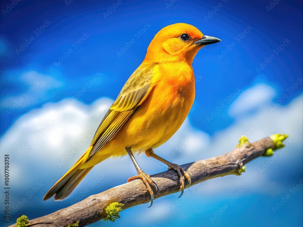Fototapeta premium Stunning golden bird perched gracefully on a branch against a vibrant blue sky in a serene setting