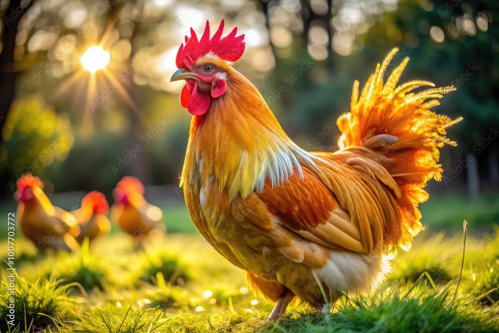Fototapeta premium Stunning Golden Comet Chicken Breed Showcasing Its Vibrant Feathers in a Natural Farm Setting