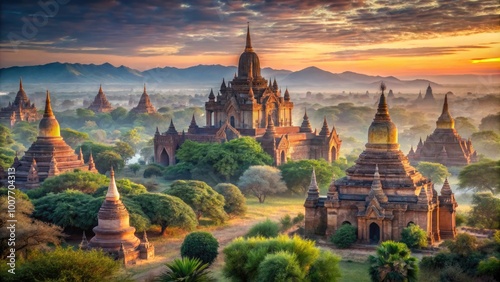 Stunning Htilominlo Temple Surrounded by Ancient Pagodas in Bagan, Myanmar at Sunrise Glow