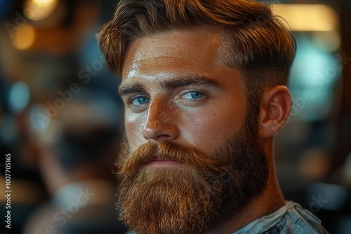 stylish model with a wellgroomed beard receiving a trendy haircut at a modern barbershop engaged in conversation with the hairstylist capturing a moment of personal grooming and contemporary style