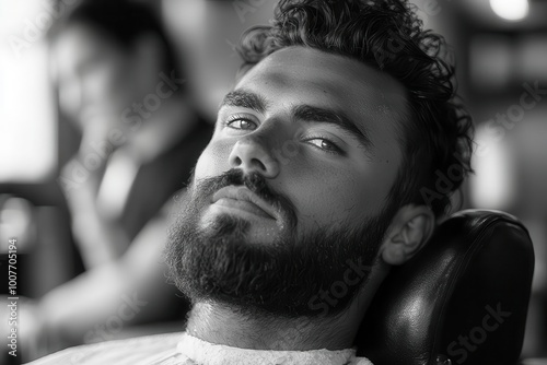 stylish model with a wellgroomed beard receiving a trendy haircut at a modern barbershop engaged in conversation with the hairstylist capturing a moment of personal grooming and contemporary style photo