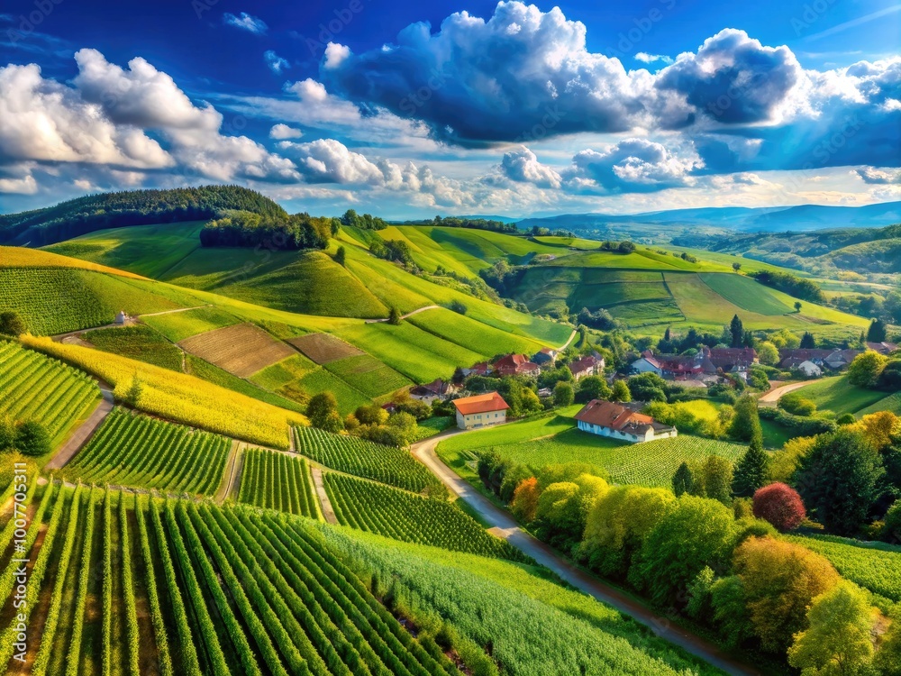 Fototapeta premium Stunning Ortenau Panorama Showcasing Scenic Landscapes of Hills, Vineyards, and Blue Skies