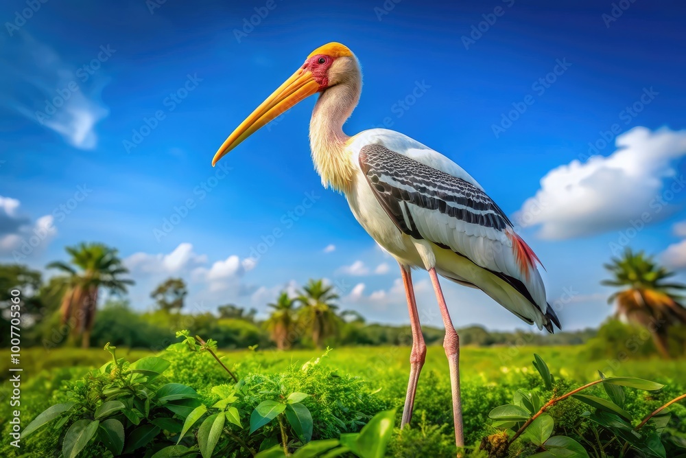 Fototapeta premium Stunning Painted Stork Bird Standing Gracefully in Lush Green Habitat Under Bright Blue Sky