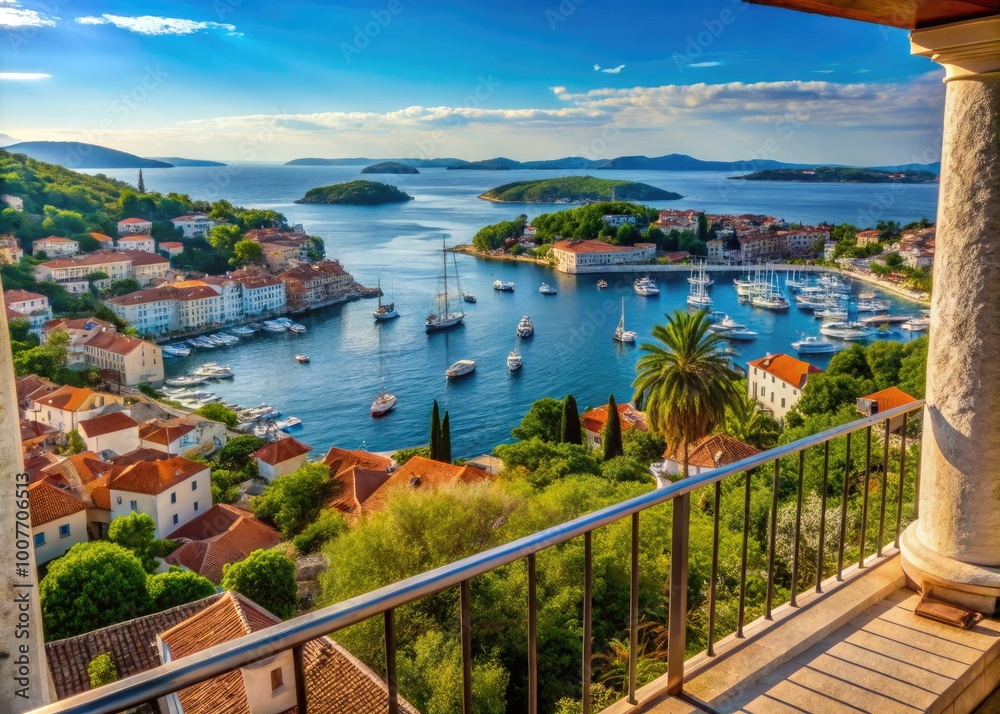 Naklejka premium Stunning View from Balcony Overlooking Hvar Island and Harbor in Beautiful Croatia Landscape