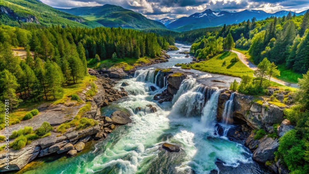 Stunning View of Otta River Waterfall in Oppland, Norway Surrounded by Lush Greenery and Rocks Stunning View of Otta River Waterfall in Oppland, Norway Surrounded by Lush Greenery and Rocks