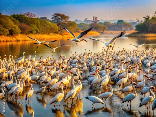 Stunning View of Migratory Birds at Vedanthangal Bird Sanctuary in Tamil Nadu, India During Winter Season photo