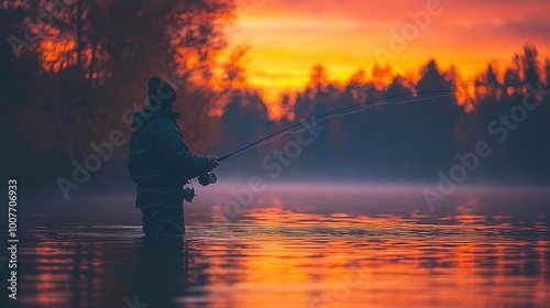 Serene Fisherman at Sunset on Tranquil Water