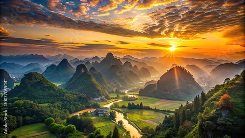 Stunning Wangxian Valley Sunset Overlooking Scenic Landscape in Shangrao, China, Nature's Beauty photo