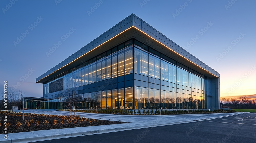 Modern building in aluminum siding and flat angled roofline and front windows. Modern building in aluminum siding and flat angled roofline and front windows.