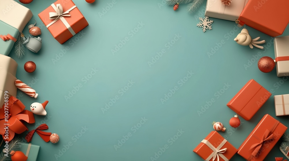 Obraz premium Colorful Christmas gifts arranged on a light blue background.
