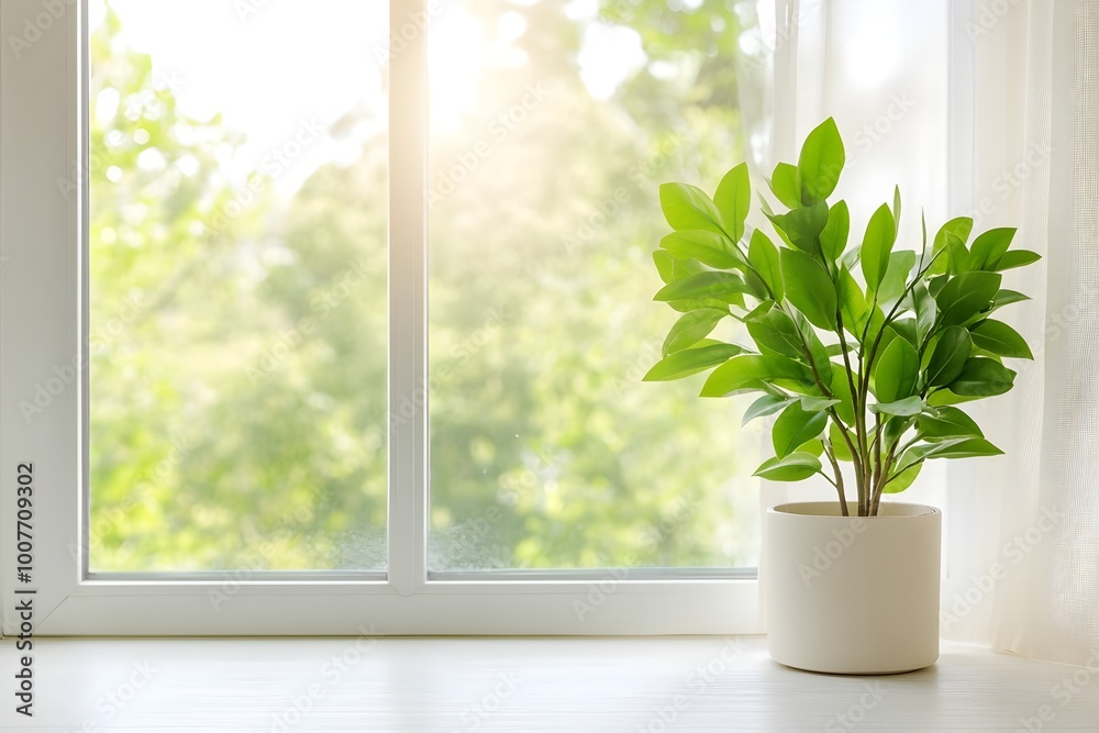 Fototapeta premium Green Potted Plant Near Bright Window With Warm Sunlight Streaming In