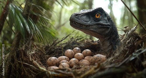 Fototapeta Naklejka Na Ścianę i Meble -  A velociraptor dinosaur peers over a nest of eggs in the rainforest.