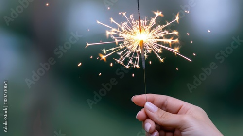 A hand holds a sparkler, emitting bright, radiant sparks against a blurred natural background, evoking a sense of celebration and joy.
