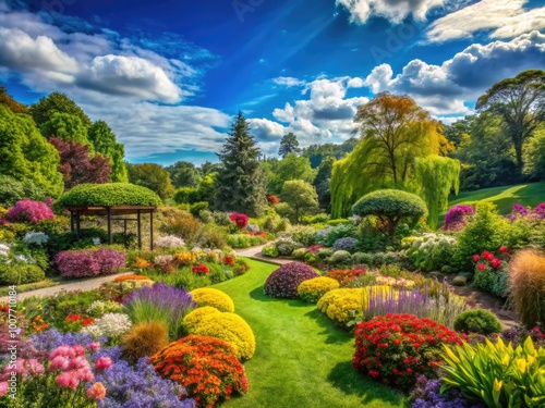 Tranquil Botanical Garden Panorama Showcasing Lush Greenery, Colorful Flowers, and Calm Atmosphere