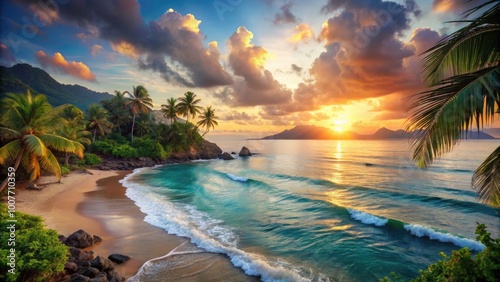 Tranquil Ocean Bay at Sunrise: Serene Waves and Exotic Tropical Landscape for Vacation Getaways