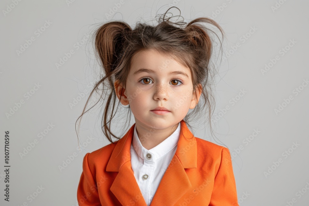 A Caucasian kid, smiling and dressed in a luxury business suit and shirt, poses with something in her hand against a white background. A Caucasian kid, smiling and dressed in a luxury business suit and shirt, poses with something in her hand against a white background.