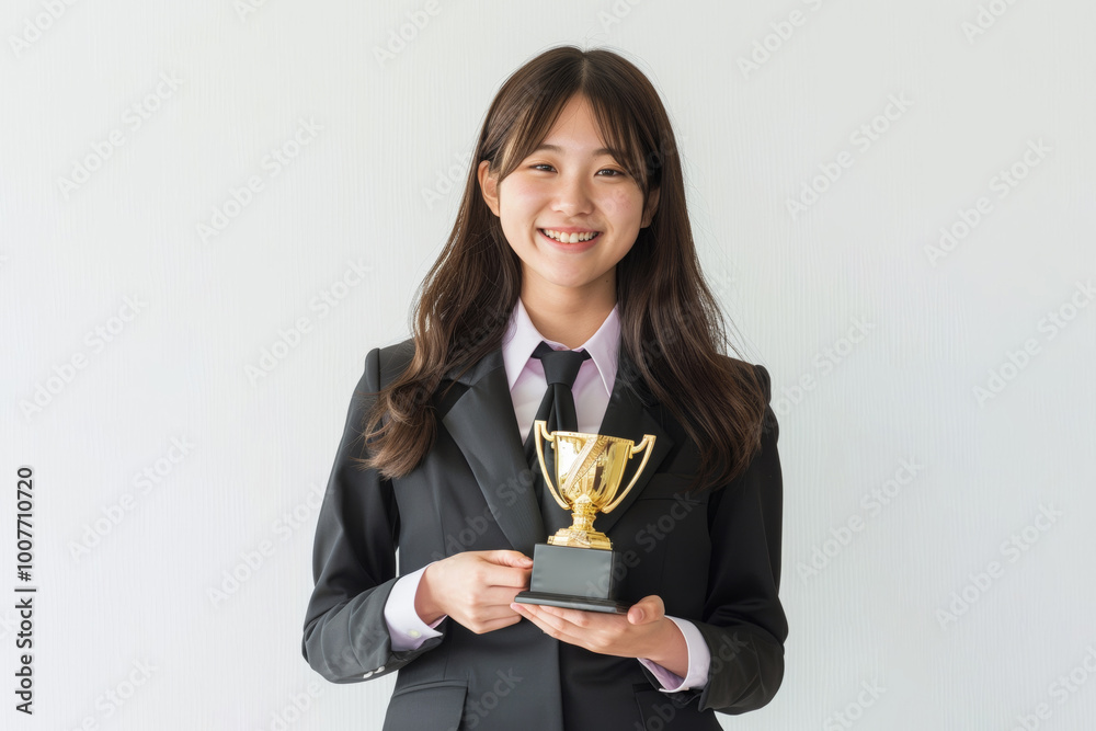 Adorned in stylish blue business attire, a jubilant Japanese girl beams with joy as she proudly holds a gold trophy against a white background. Adorned in stylish blue business attire, a jubilant Japanese girl beams with joy as she proudly holds a gold trophy against a white background.