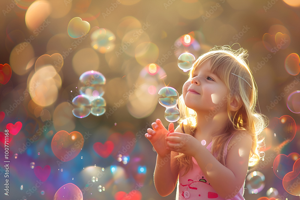 A cute little girl holds soap bubbles in the shape of hearts, an outdoor portrait with a soft focus, blurred background, Generative AI
A cute little girl holds soap bubbles in the shape of hearts, an outdoor portrait with a soft focus, blurred background, Generative AI