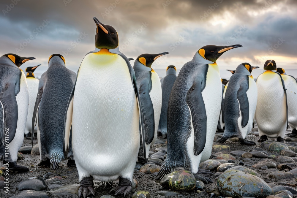 Fototapeta premium a group of emperor penguin chicks huddled together on an icy plain. Their soft feathers and innocent expressions capture the beauty of Antarctic wildlife.