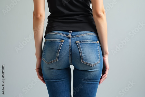 青いスリムフィットジーンズを履いた女性の美しい後ろ姿のAI生成写真