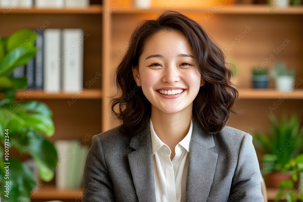 Smiling Professional Woman in Cozy Home Office with Warm Wooden Accents and Soft Lighting Smiling Professional Woman in Cozy Home Office with Warm Wooden Accents and Soft Lighting