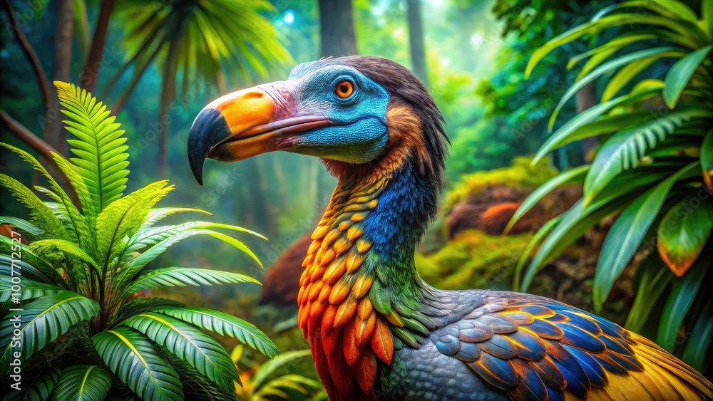 Obraz premium Unique and Extinct Dodo Bird Displayed in Natural Habitat, Featuring Vibrant Colors and Details