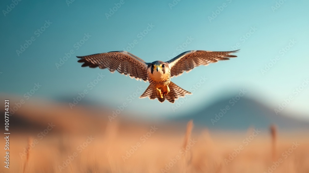 Bird in flight over a blurred landscape with a blue sky background. Bird in flight over a blurred landscape with a blue sky background.