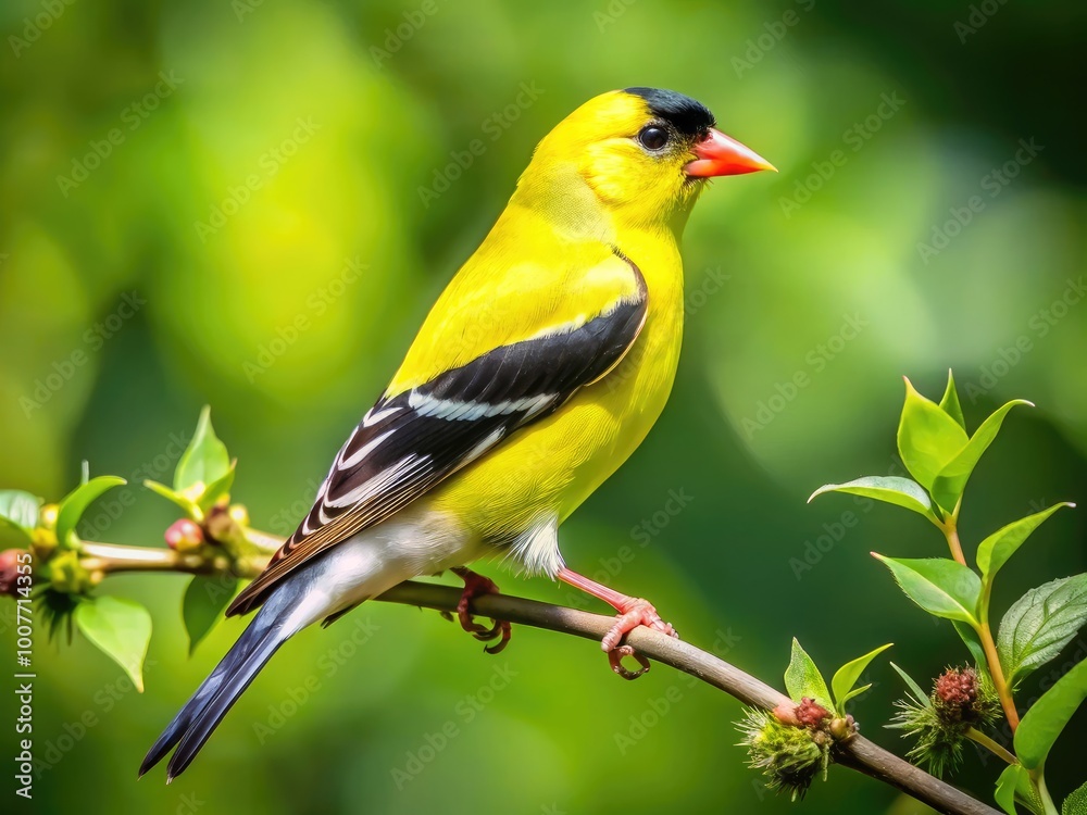 Vibrant American Goldfinch Perched on a Branch in a Lush Green Garden During Bright Sunny Day Vibrant American Goldfinch Perched on a Branch in a Lush Green Garden During Bright Sunny Day