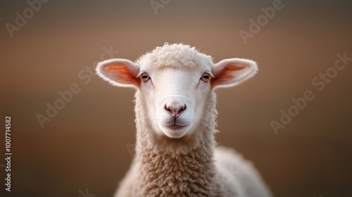 A close-up of a sheep with soft wool and curious expression, blurred background.