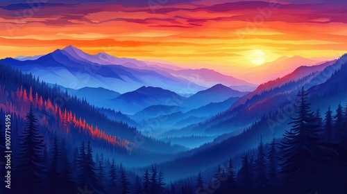A vivid sunset illuminates a landscape of layered mountain ranges and dark pine forests.
