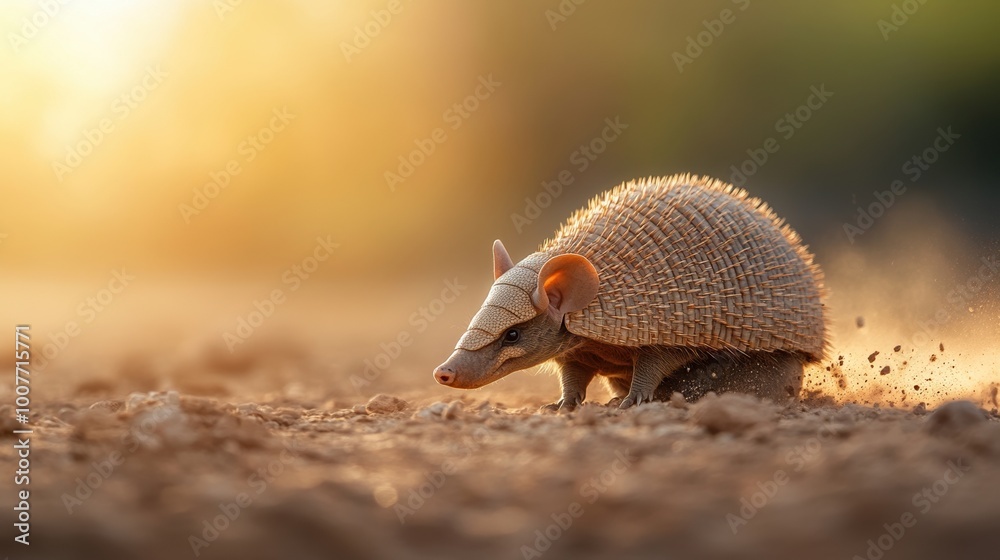 Obraz premium Armadillo walking on ground with blurred background and warm sunlight.