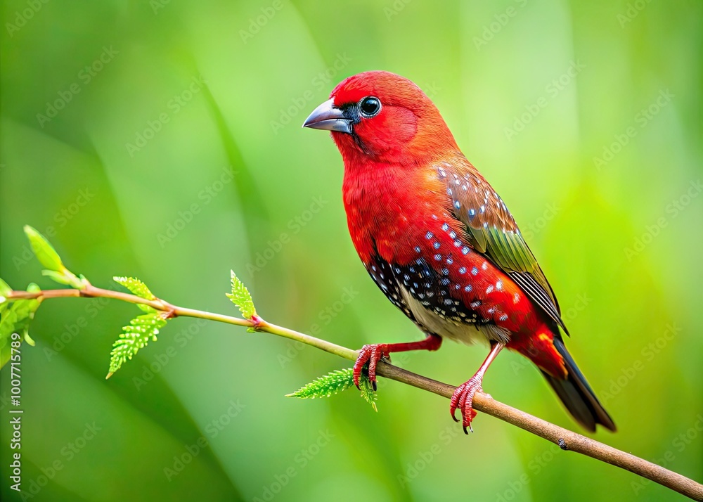Vibrant Avadavat Bird Perched on Branch Against a Soft Green Background in Natural Habitat Vibrant Avadavat Bird Perched on Branch Against a Soft Green Background in Natural Habitat