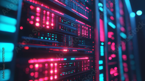 Close-up of a data center processing immense amounts of information, servers glowing with activity