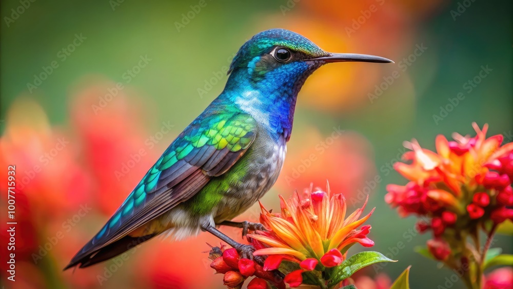 Vibrant Bee Hummingbird Perched on a Flower, Showcasing Its Iridescent Feathers in Nature's Beauty