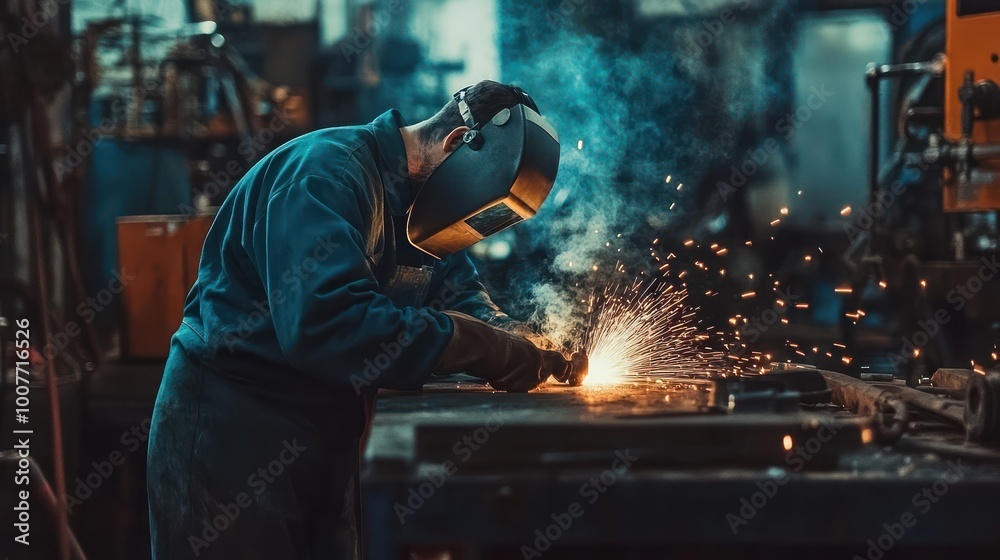 A welder in a dark industrial setting is working on a metal piece, wearing a protective mask and gloves, while sparks fly off the welding torch. A welder in a dark industrial setting is working on a metal piece, wearing a protective mask and gloves, while sparks fly off the welding torch.