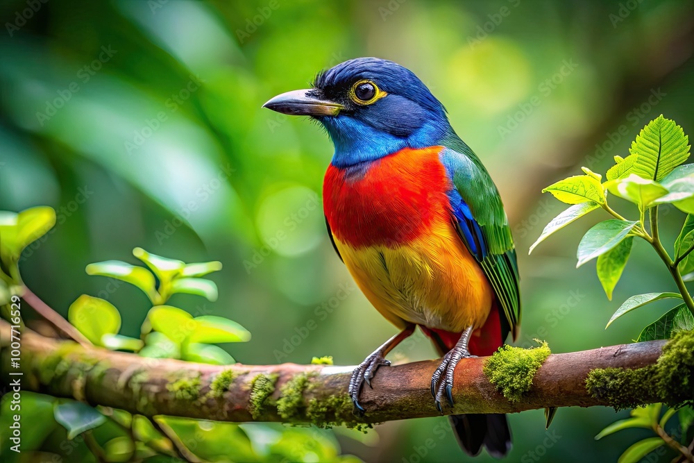 Vibrant Bird Perched on a Branch Surrounded by Lush Green Foliage in a Serene Natural Setting Vibrant Bird Perched on a Branch Surrounded by Lush Green Foliage in a Serene Natural Setting