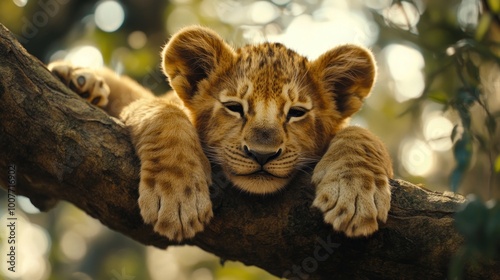 Cute Lion Cub Resting on a Branch