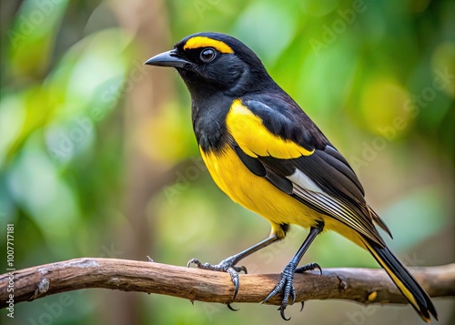 Vibrant Black and Yellow Australian Bird Perched on a Branch in Natural Habitat Captivating View