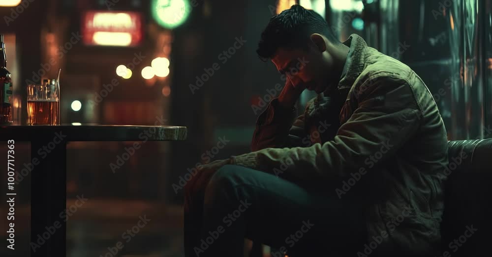 Young guy sits at wooden bar counter with bottle of elite whiskey. Depressed man lost job and drinks hard alcohol in dimly lit bar Young guy sits at wooden bar counter with bottle of elite whiskey. Depressed man lost job and drinks hard alcohol in dimly lit bar