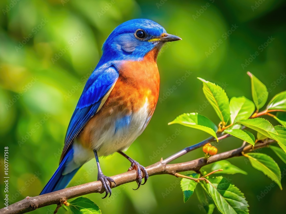 Vibrant Bluebird Perched on a Branch in a Lush Green Environment Under Clear Blue Skies Vibrant Bluebird Perched on a Branch in a Lush Green Environment Under Clear Blue Skies
