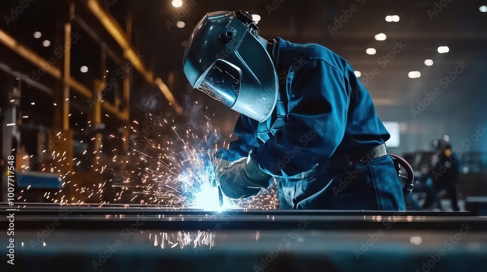 A welder in a protective mask works on metal, welding with sparks flying. A welder in a protective mask works on metal, welding with sparks flying.
