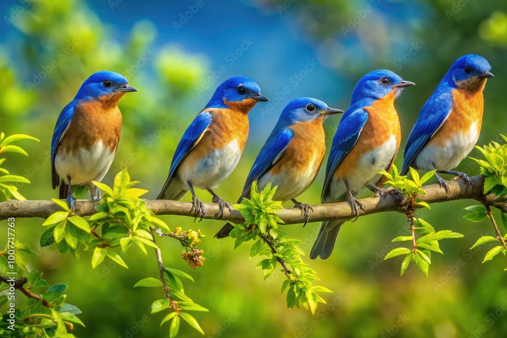 Obraz premium Vibrant Bluebirds Perched on Branches in a Lush Green Environment Under Clear Blue Skies