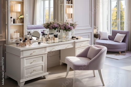Luxurious cosmetics salon  elegant vanity table surrounded by makeup tools and relaxing ambiance