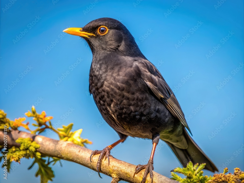 Vibrant Brewers Blackbird Perched on a Branch Against a Clear Blue Sky in Natural Habitat Vibrant Brewers Blackbird Perched on a Branch Against a Clear Blue Sky in Natural Habitat
